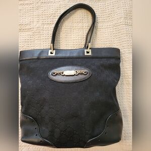Authentic Gucci Large Size Black Handbag/Tote Bag Gold Hardware Excellent Cond